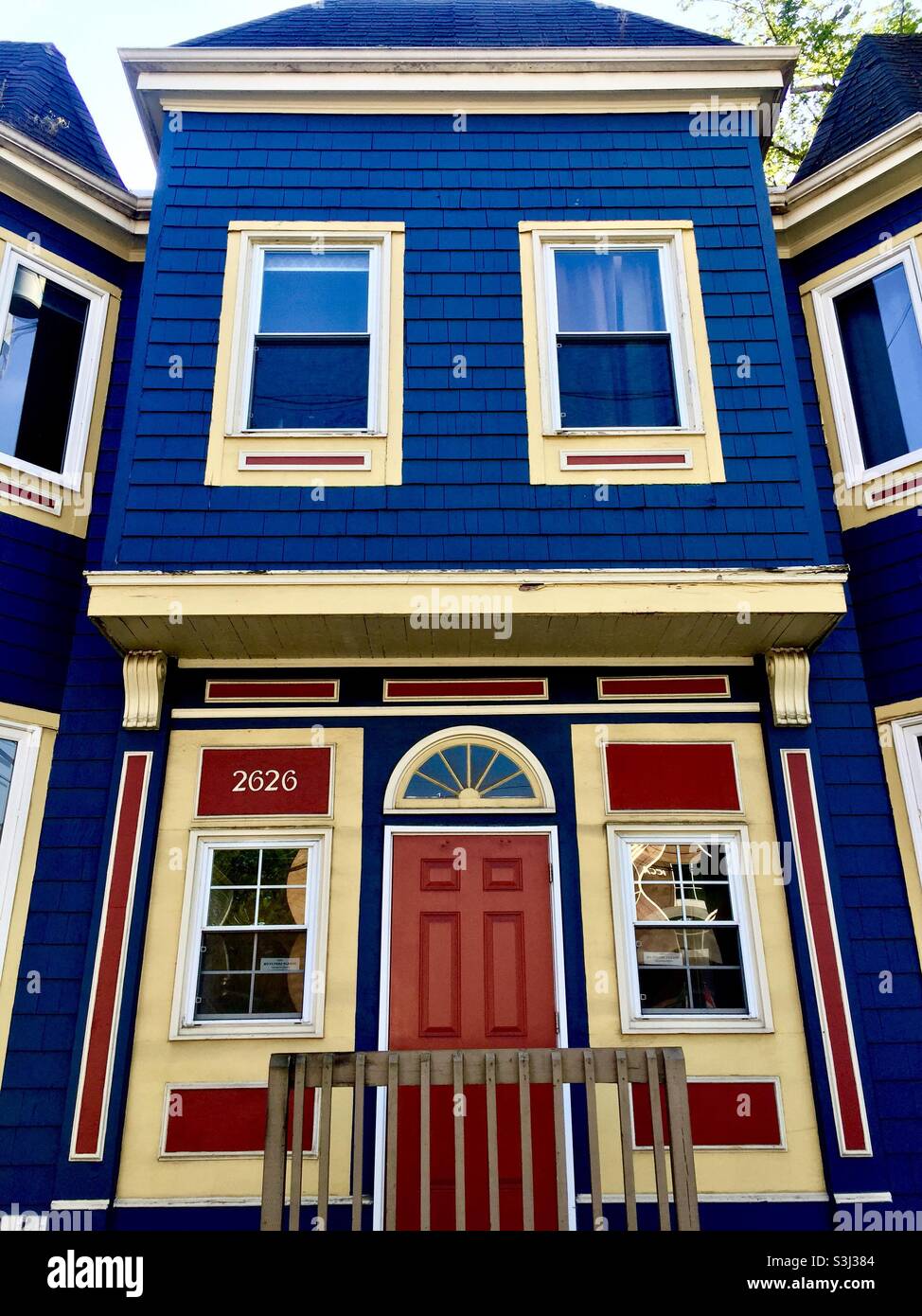 Colorful residential building, Halifax, Canada.  Windows, doors, in many colours. Stock Photo