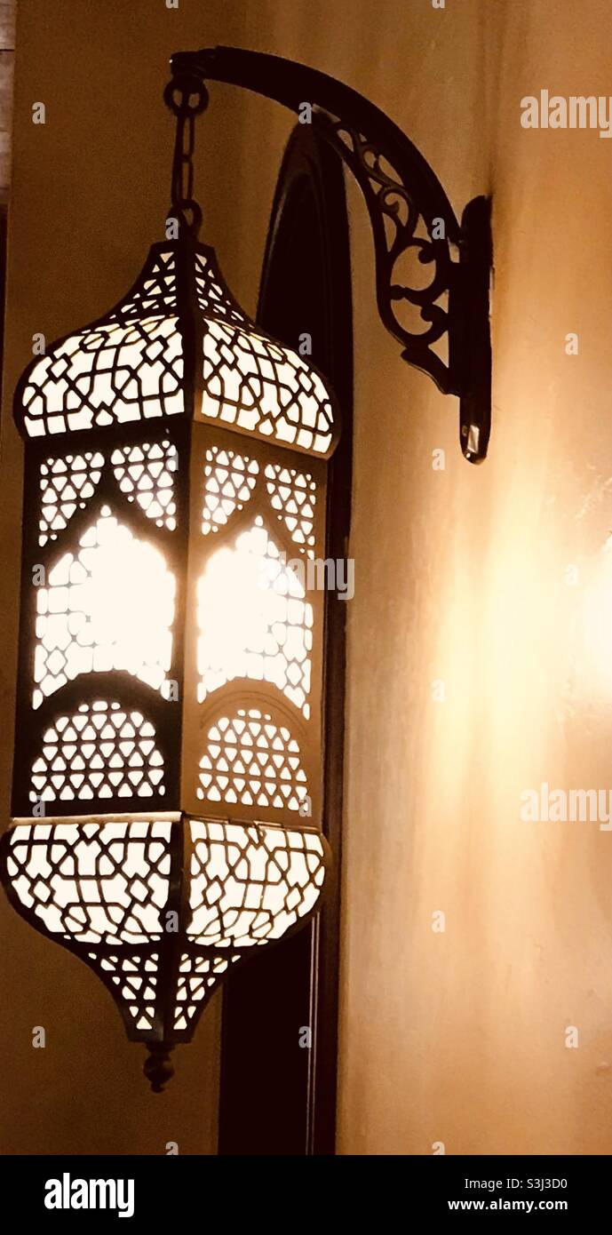 Ornate lamp outside restaurant in Muscat Stock Photo