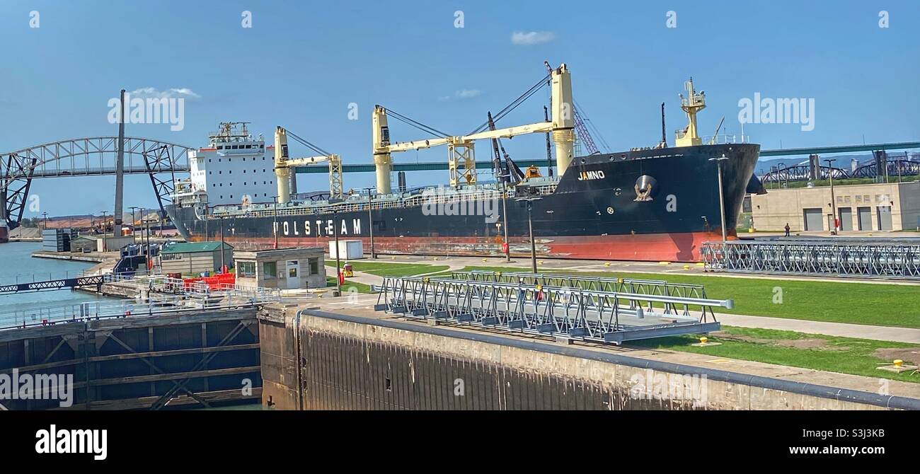 Large cargo ship in the Soo Locks, Sault Sainte-Marie, before water is lowered. - Smartphone Captured Stock Image