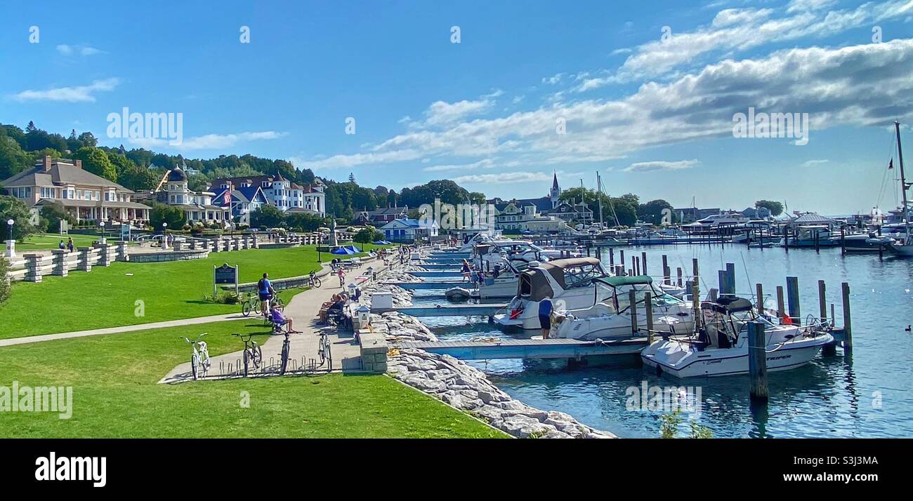 Expensive homes and the marina on Mackinac Island Stock Photo Alamy