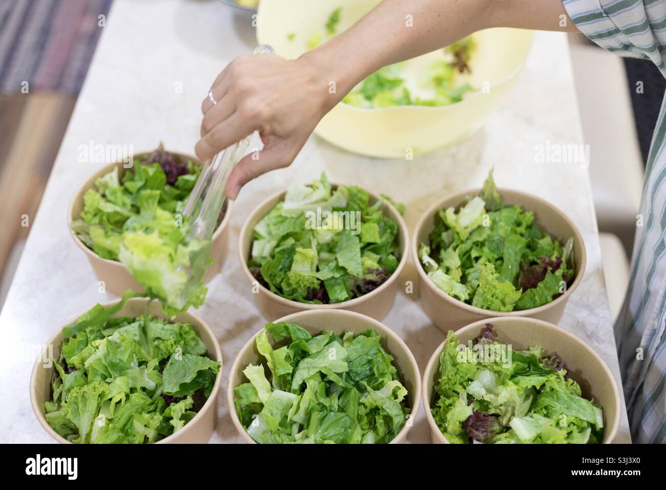 Eat Green:a woman filling disposable containers with amount of lettuce - Smartphone Captured Stock Image