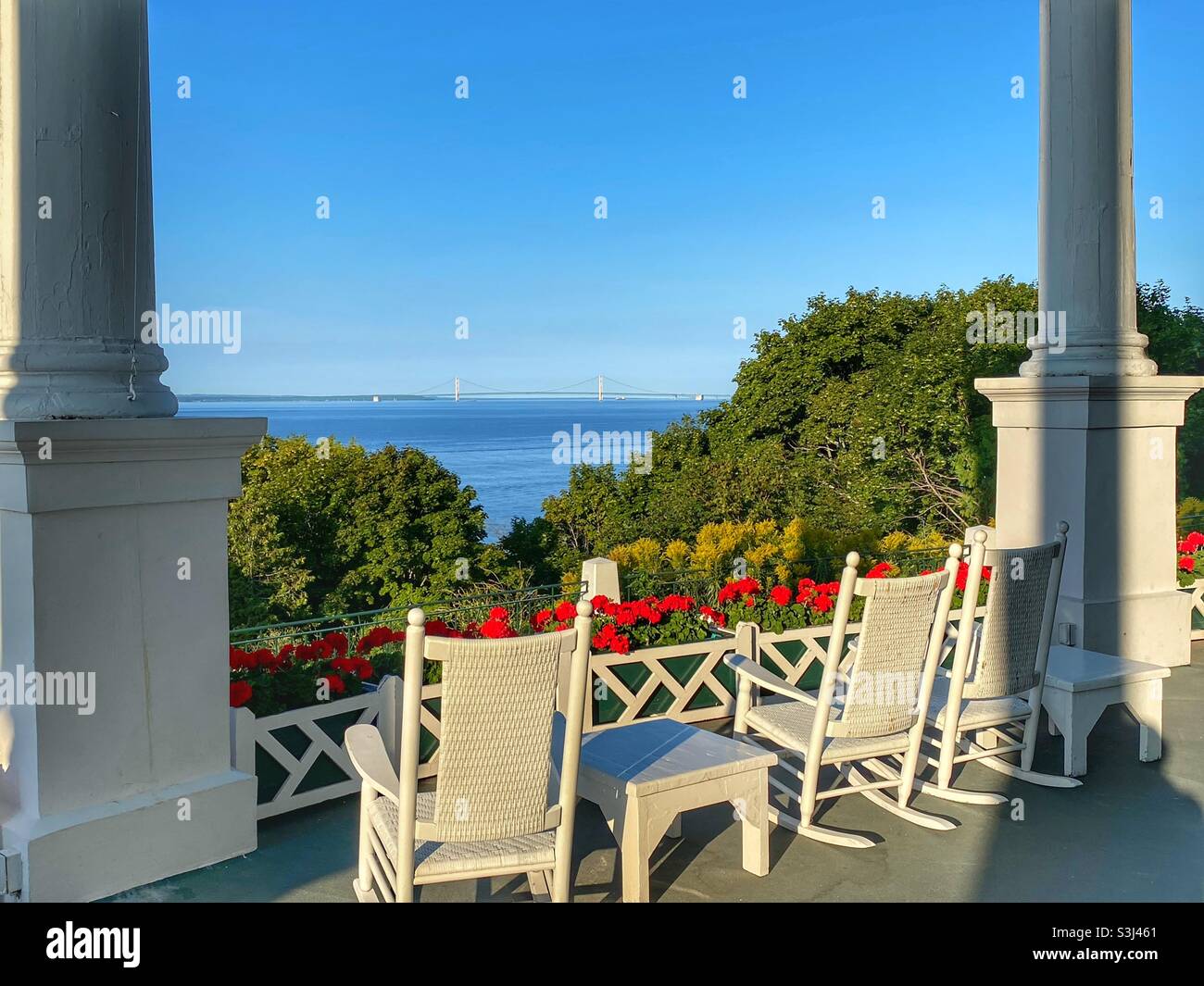 View off the deck of the Grand Hotel on Mackinac Island, Mackinac bridge in the background - Smartphone Captured Stock Image