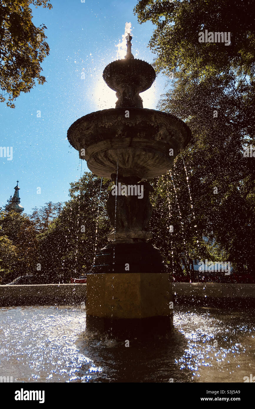 Waterdrops of fountain glittering in sunlight, Lenck-villa garden, Sopron, Hungary Stock Photo