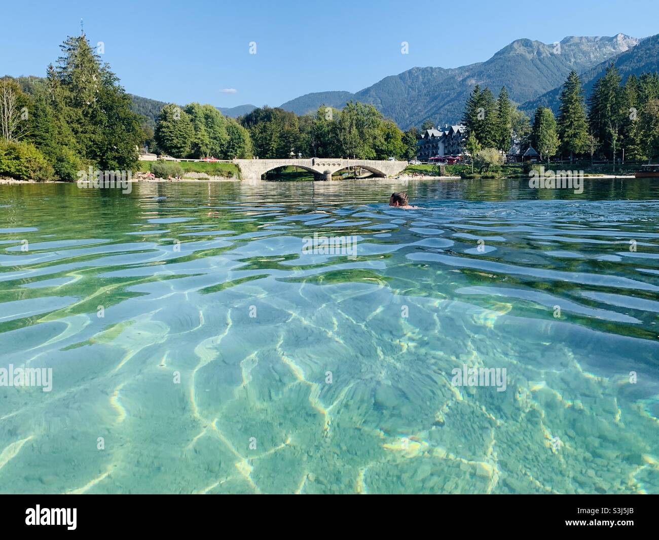 View across lake bohinj Slovenia Stock Photo