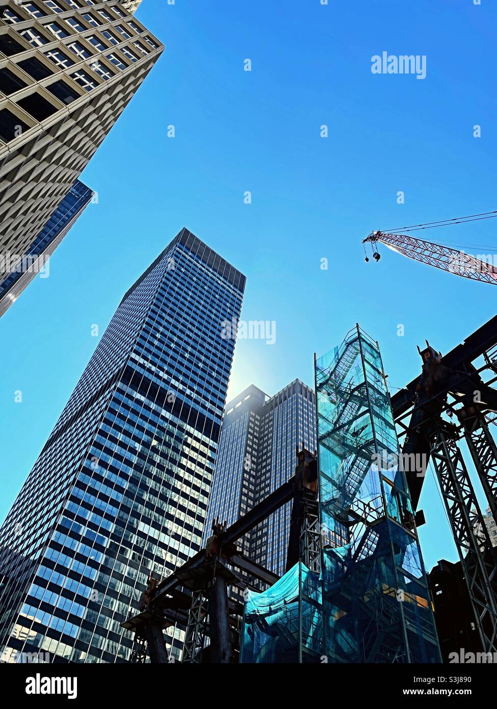 Early morning sun on the construction site at 270 Park Ave. in Midtown Manhattan, 2021, New York City, United States - Smartphone Captured Stock Image