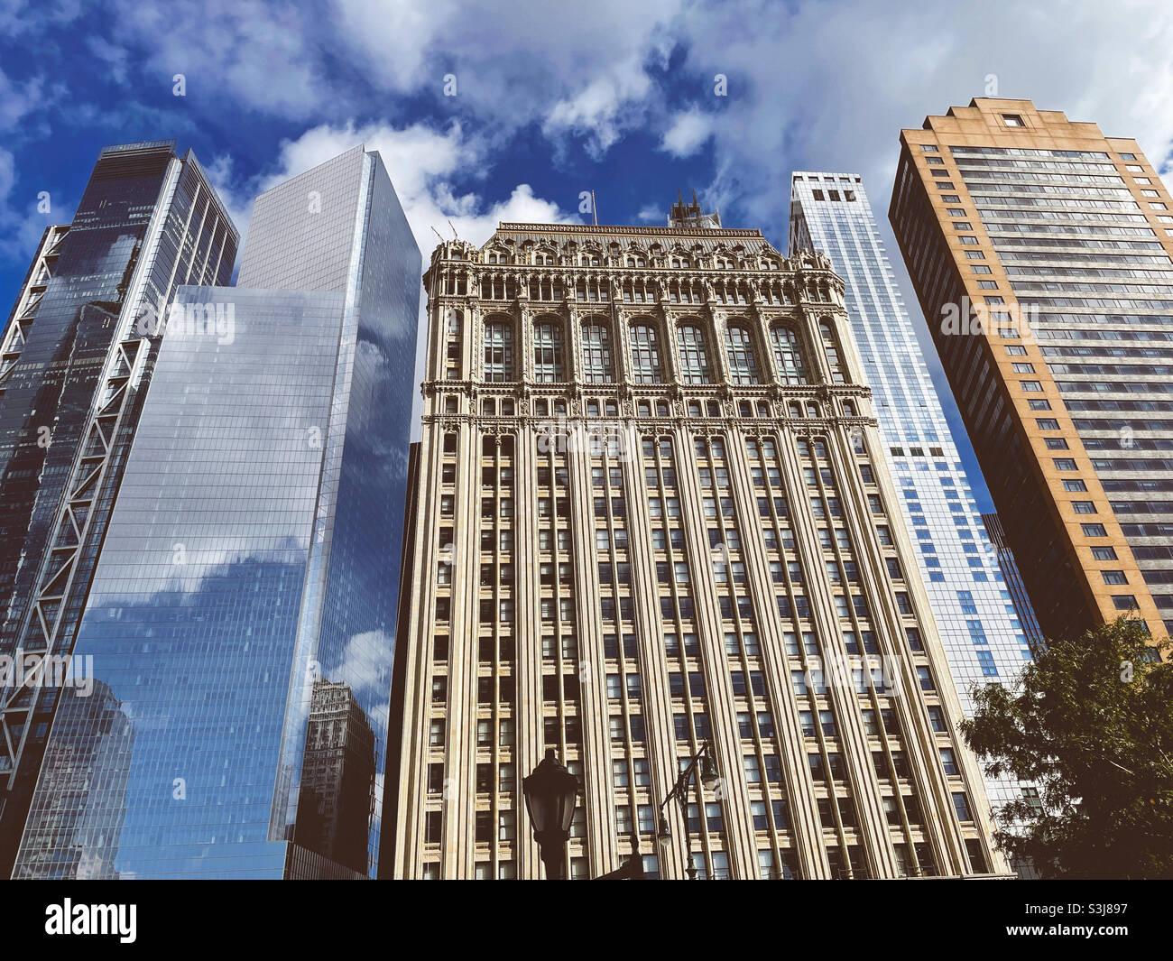 90 West St. sits aside the 911 Memorial area, 2021, NYC, USA - Smartphone Captured Stock Image