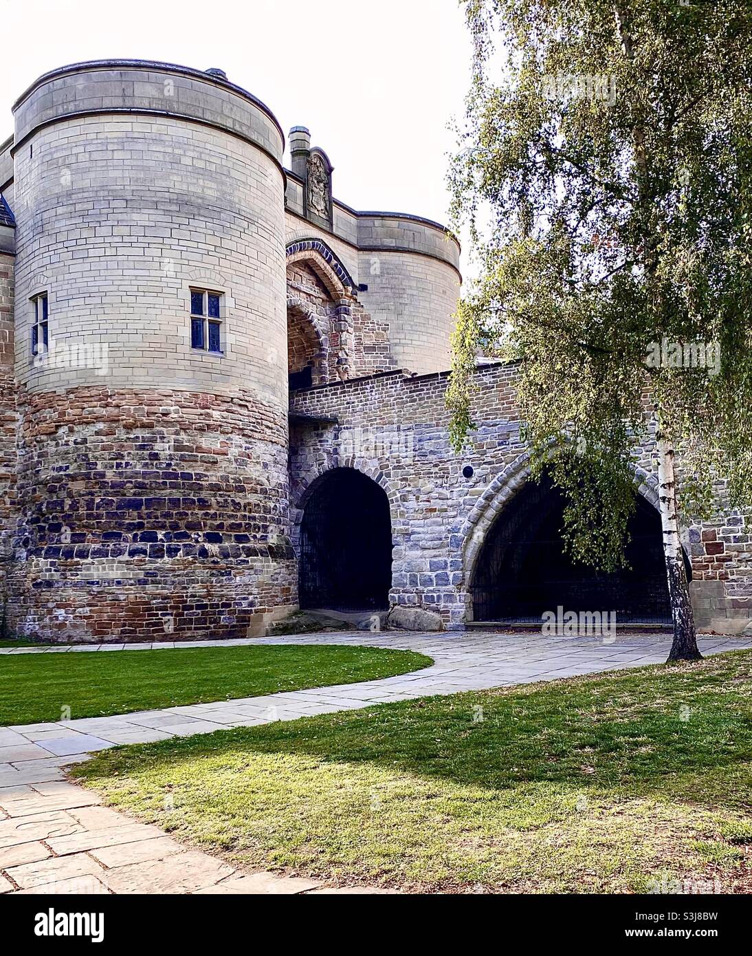 The Gatehouse at Nottingham Castle, UK, taken from near RobinHood’s statue. The original castle of 1068was demolished in the 1650s, being replaced by a Georgian mansion, recently refurbished (£30m). Stock Photo
