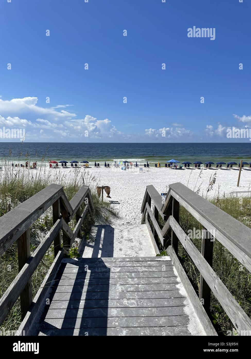 September 2021 Destin, Florida USA beach upper view with wooden walkway Stock Photo
