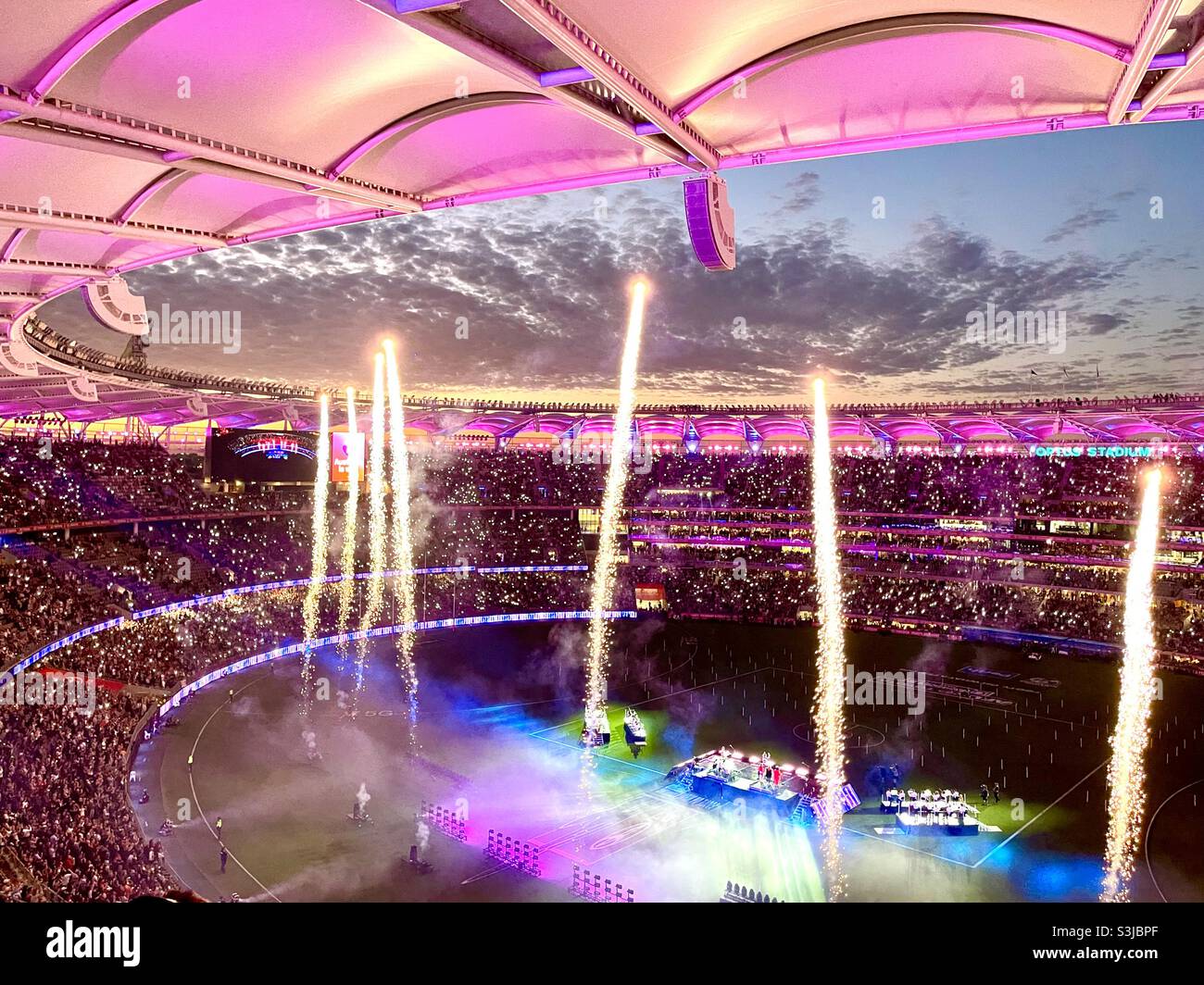 Half time entertainment and lights at 2021 AFL Grand Final Optus Stadium Perth Western Australia. Stock Photo