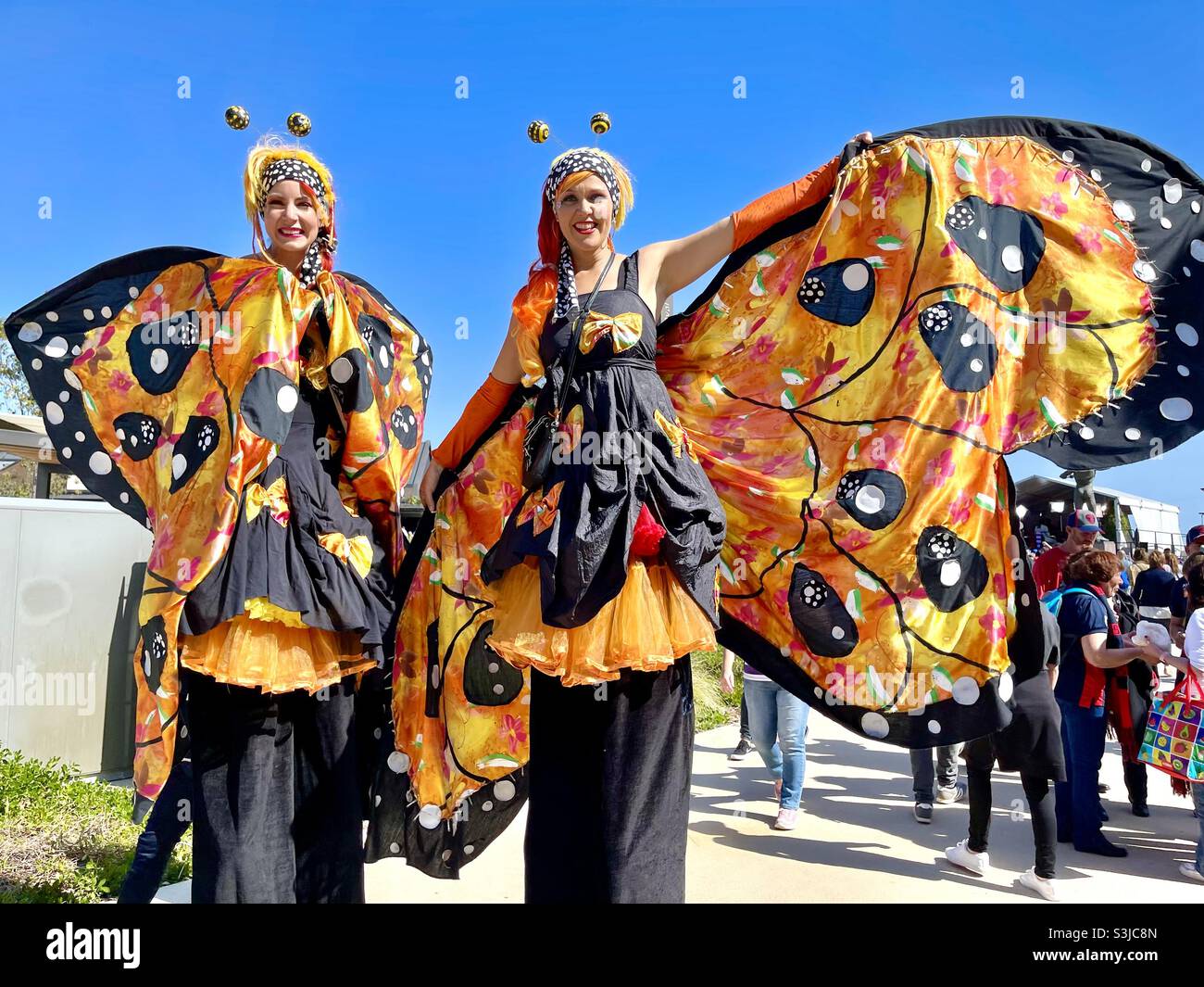 2021 AFL Grand Final at Optus Stadium, pregame two women in butterfly costumes on stilts, Perth Western Australia. Stock Photo