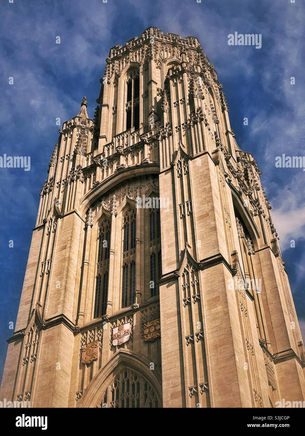 Looking up at the Wills Memorial Tower in Bristol, England. This structure is a famous landmark with a great deal of history.  Now part of the University of Bristol. Photo ©️ COLIN HOSKINS. - Smartphone Captured Stock Image