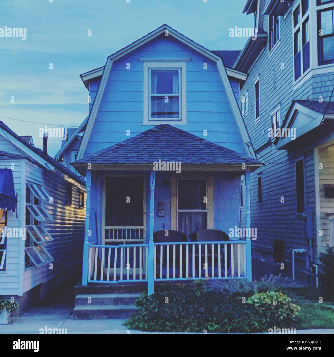 August, 2021, evening view of a small house in Ocean Grove, Neptune Township, Monmouth County, New Jersey, United States - Smartphone Captured Stock Image