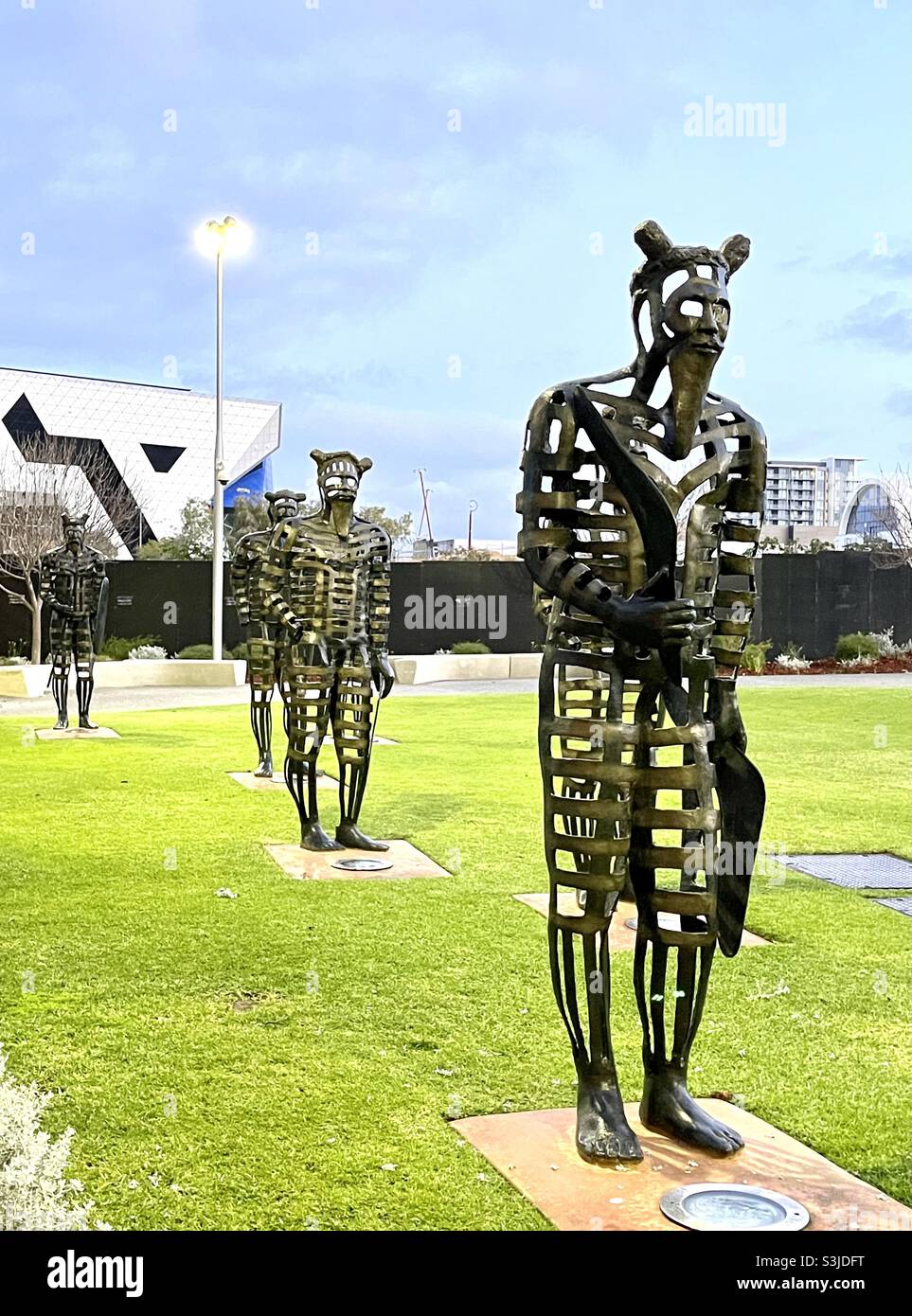 Koorden sculptures, sculptural figures by Rod Garlett and Ritchie Kuhaupt at Telethon Gardens Kings Square Perth Western Australia Stock Photo