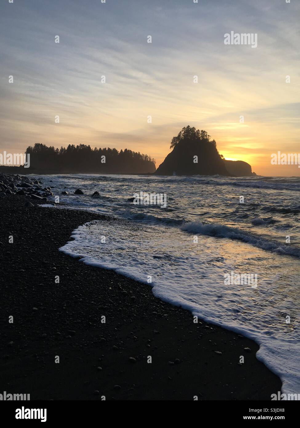 Sunset at Quileute Indian Reservation Beach Washington Stock Photo