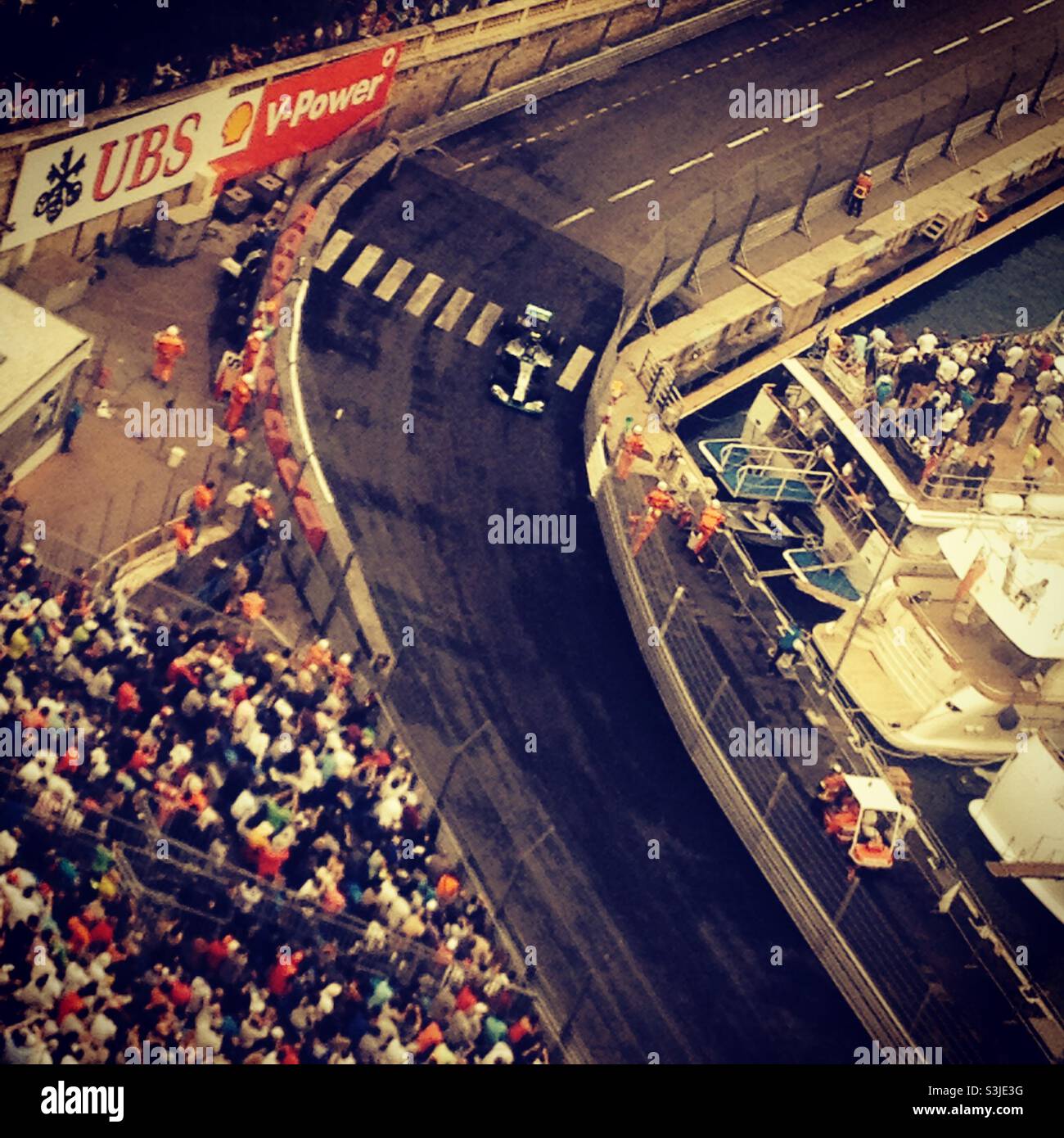 Lewis Hamilton taking the Tabac corner during the Monaco Grand Prix weekend Stock Photo