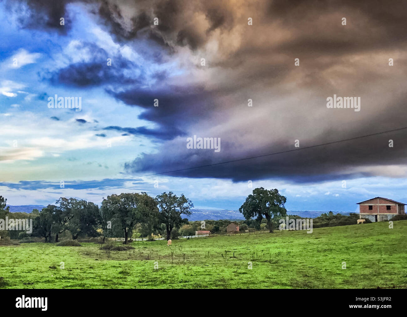 A dark storm sweeps blue skies away over the autumnal Portuguese countryside - Smartphone Captured Stock Image