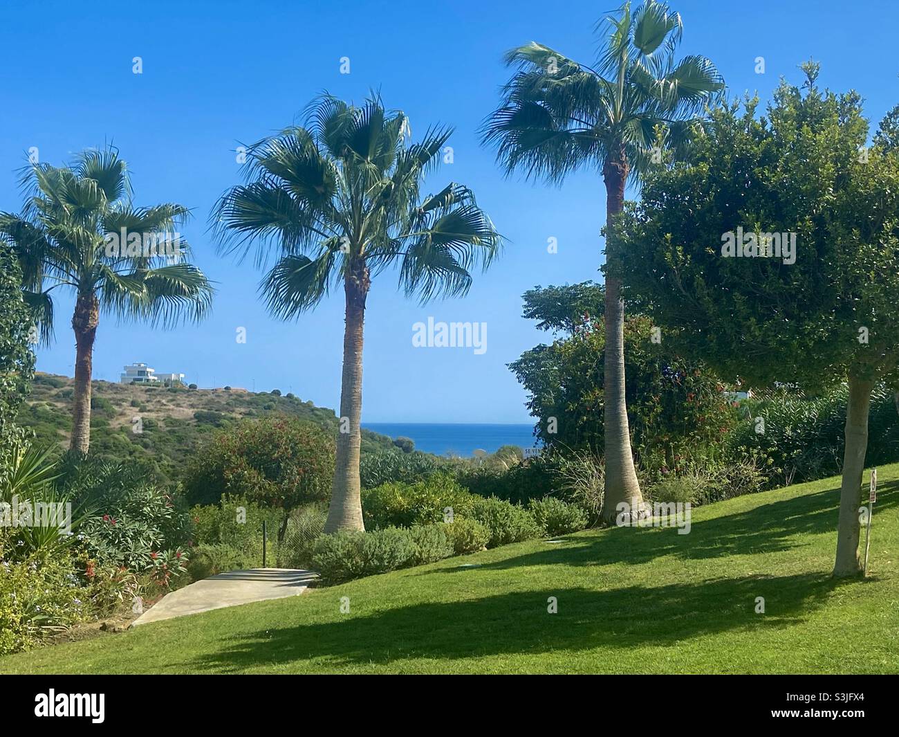 A view of the Mediterranean Sea from a tropical garden in Casares Costa in southern Spain Stock Photo