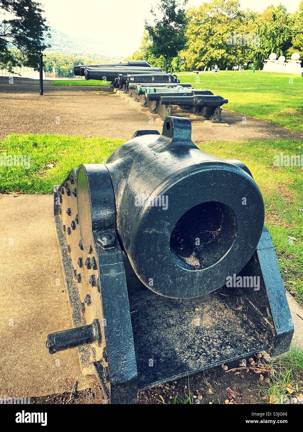 Trophy point at West Point New York features artillery trophies from various wars throughout history, United States military Academy, New York state, 2021 - Smartphone Captured Stock Image