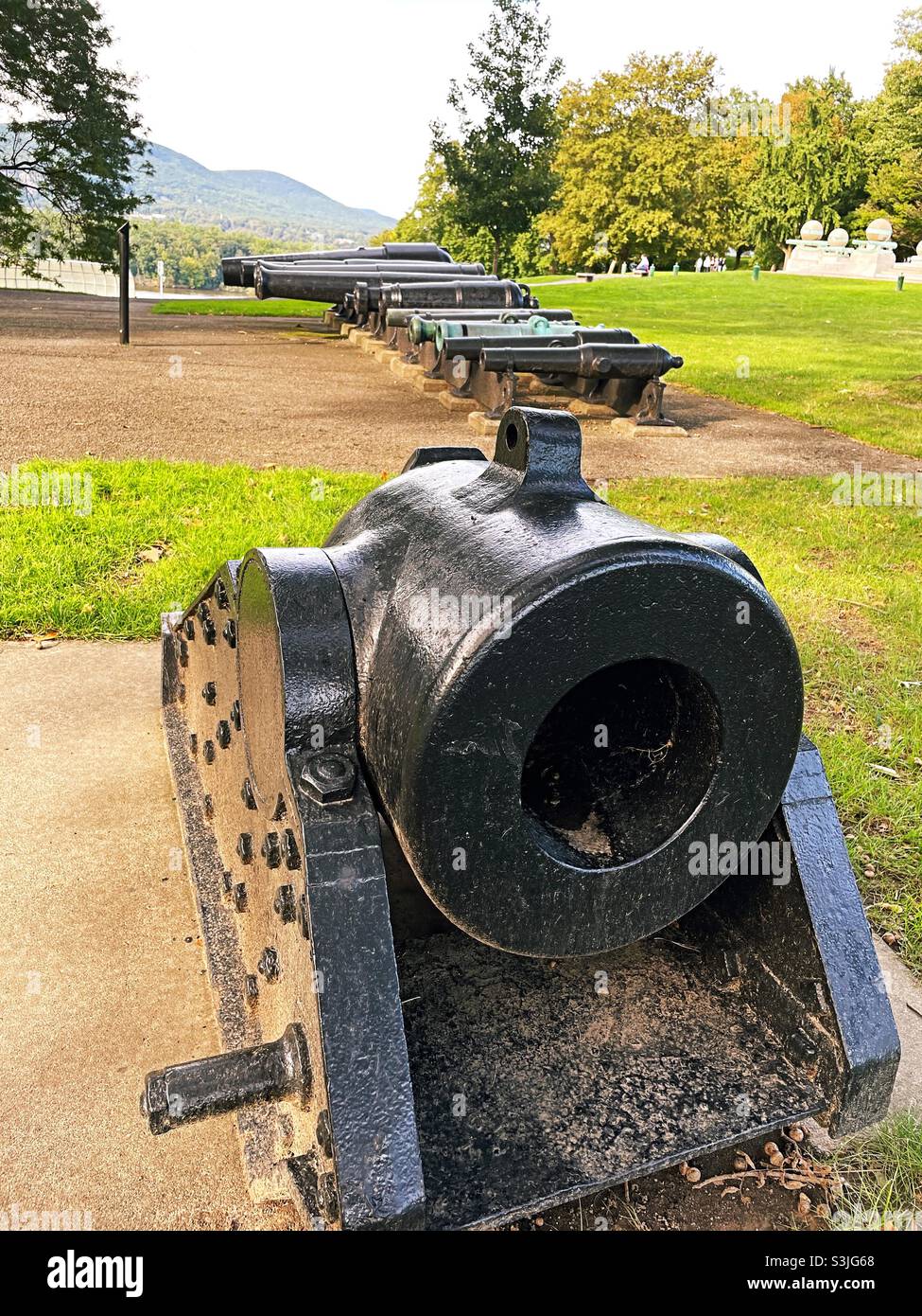 Trophy point at the United States military Academy features artillery pieces and spoils of war from various conflicts in US history, West Point New York, 2021 - Smartphone Captured Stock Image