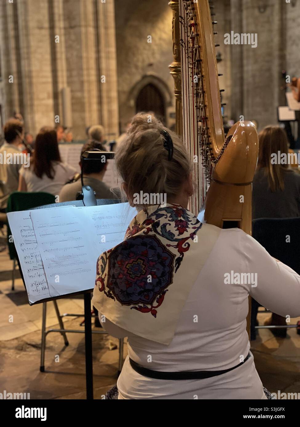 Lady playing harp in Ely Cathedral orchestra in background Stock Photo