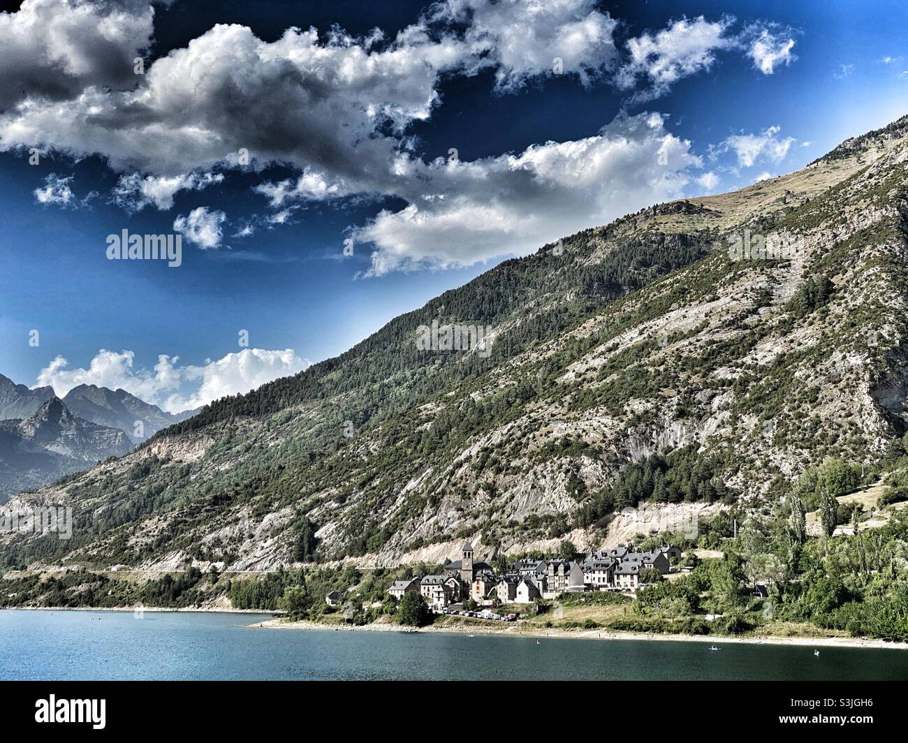 Lanuza village by the reservoir at the Pyrenees Stock Photo