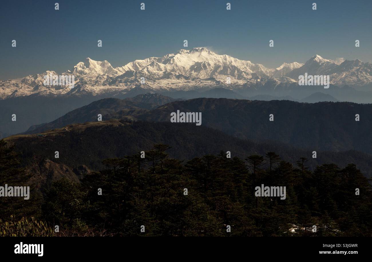 Kanchenjunga mountain range, third highest tall mountain in the world, in Himalaya, India Stock Photo