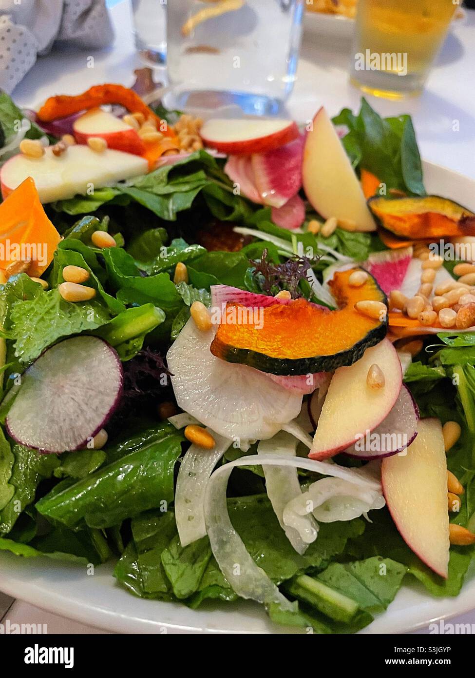 Close up of a seasonal item salad at a restaurant, USA Stock Photo