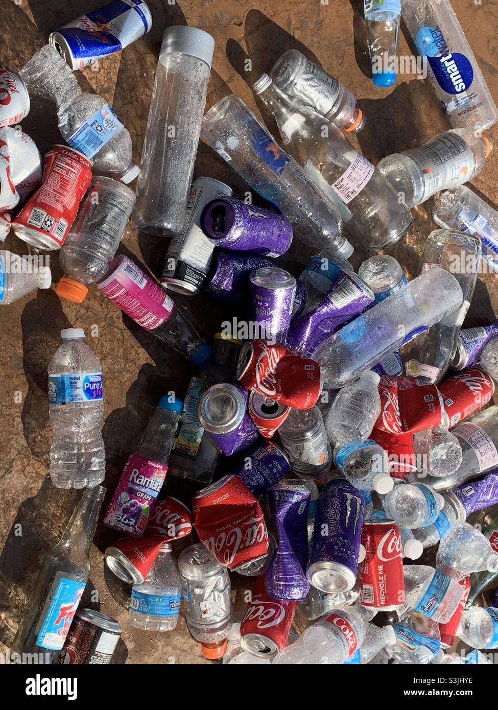 Recycling recycling cans of aluminum, glass and plastic bottles Stock