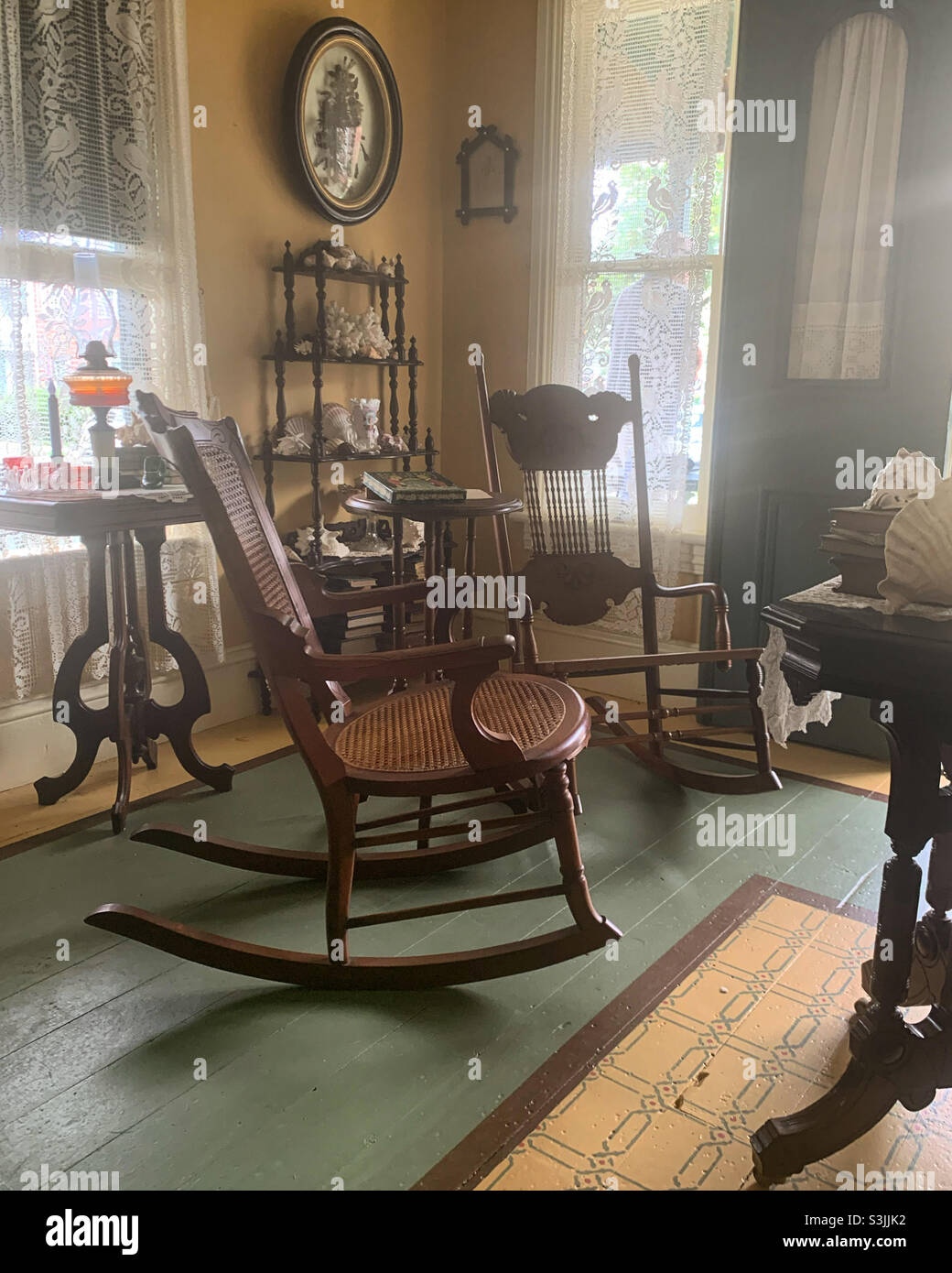 August, 2021, inside the Centennial Cottage, built in 1884 and restored to illustrate life in the area in the late nineteenth century. Ocean Grove, Neptune Township, Monmouth County, New Jersey, USA - Smartphone Captured Stock Image