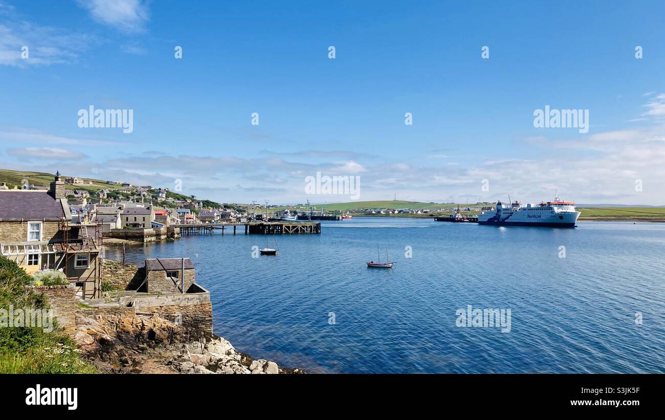 Stromness harbour Orkney with the NorthLink ferry.Scotland Stock Photo