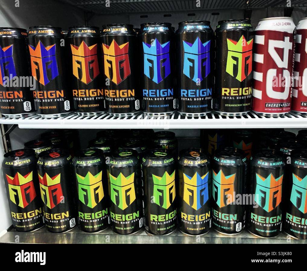 Reign energy drink display Stock Photo Alamy