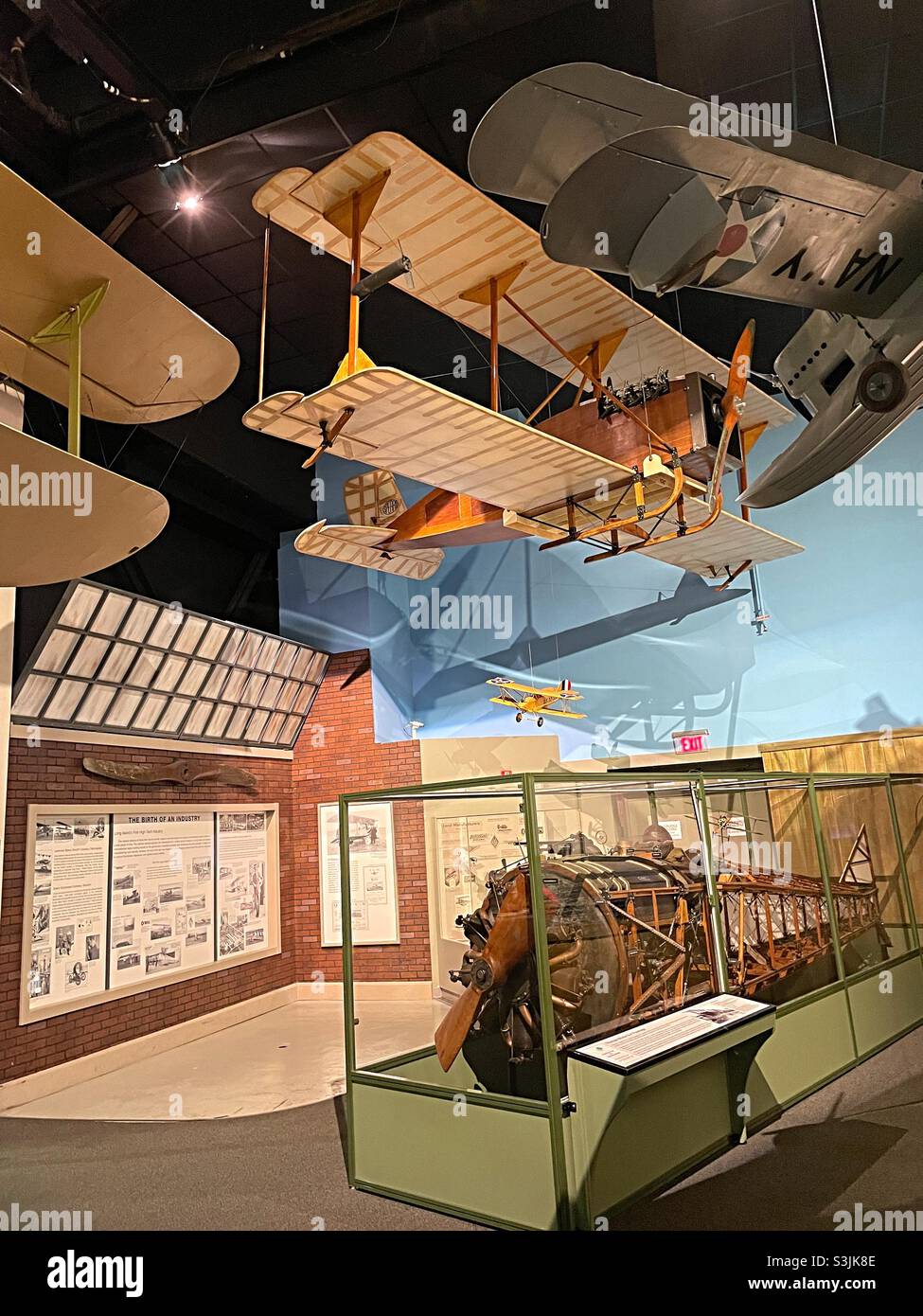 Cradle of aviation museum features a biplane replica in its world war one display, Garden City Long Island, 2021 - Smartphone Captured Stock Image