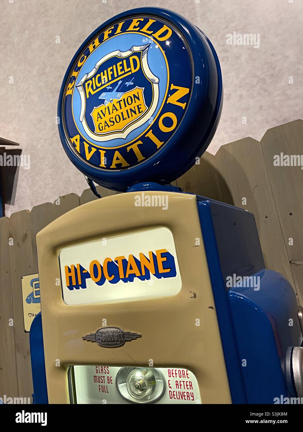 Cradle of aviation Museum has an airplane refueling station display from the 1920s, Garden City Long Island, 2021, USA - Smartphone Captured Stock Image