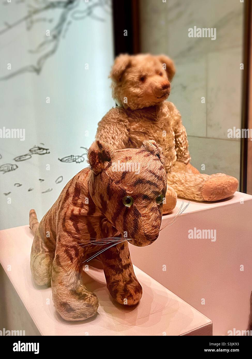 Pooh bear and Tigger on display at the Polonsky exhibition at the main branch of the new York public library on fifth Avenue, 2021 NYC, USA - Smartphone Captured Stock Image