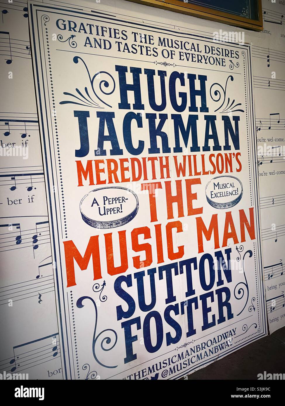 Poster for the music Man Broadway musical starring Hugh Jackman and Sutton Foster at the Winter Garden Theatre, 2021, Times Square, new York city, USA - Smartphone Captured Stock Image