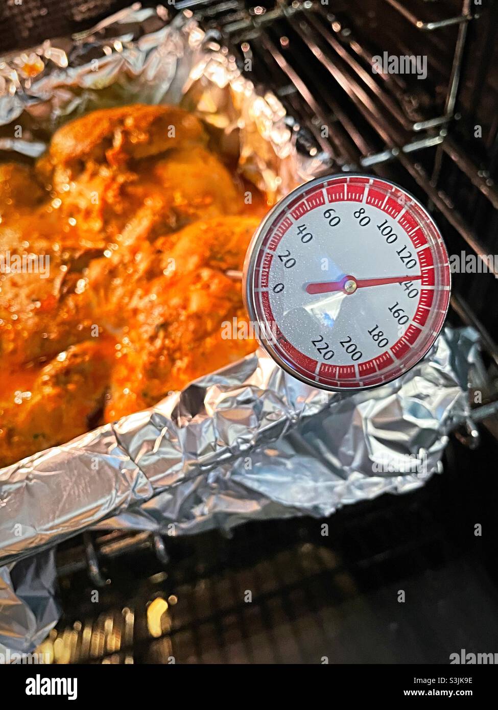 Measuring internal temperature of oven baked chicken. Meat / instant-read  thermometer to measure food safe temperature. Whole chicken in black pan  Stock Photo - Alamy