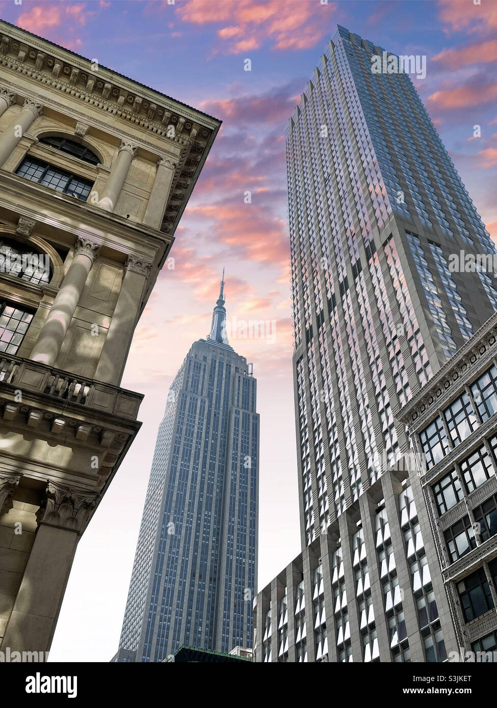 The empire state building in the Langham Hotel as seen from 5th Ave., 2021, NYC, USA - Smartphone Captured Stock Image