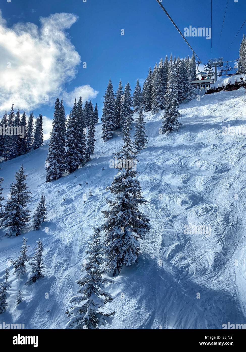 View from the ski lift in Winter at Vail ski resort, Vail, Colorado, USA - Smartphone Captured Stock Image