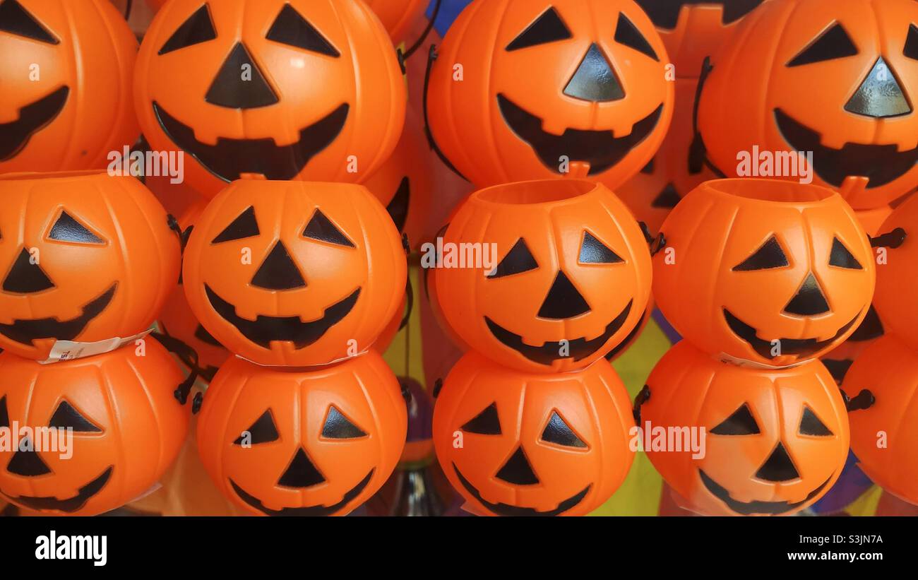 Plastic pumpkins for Halloween. Stock Photo