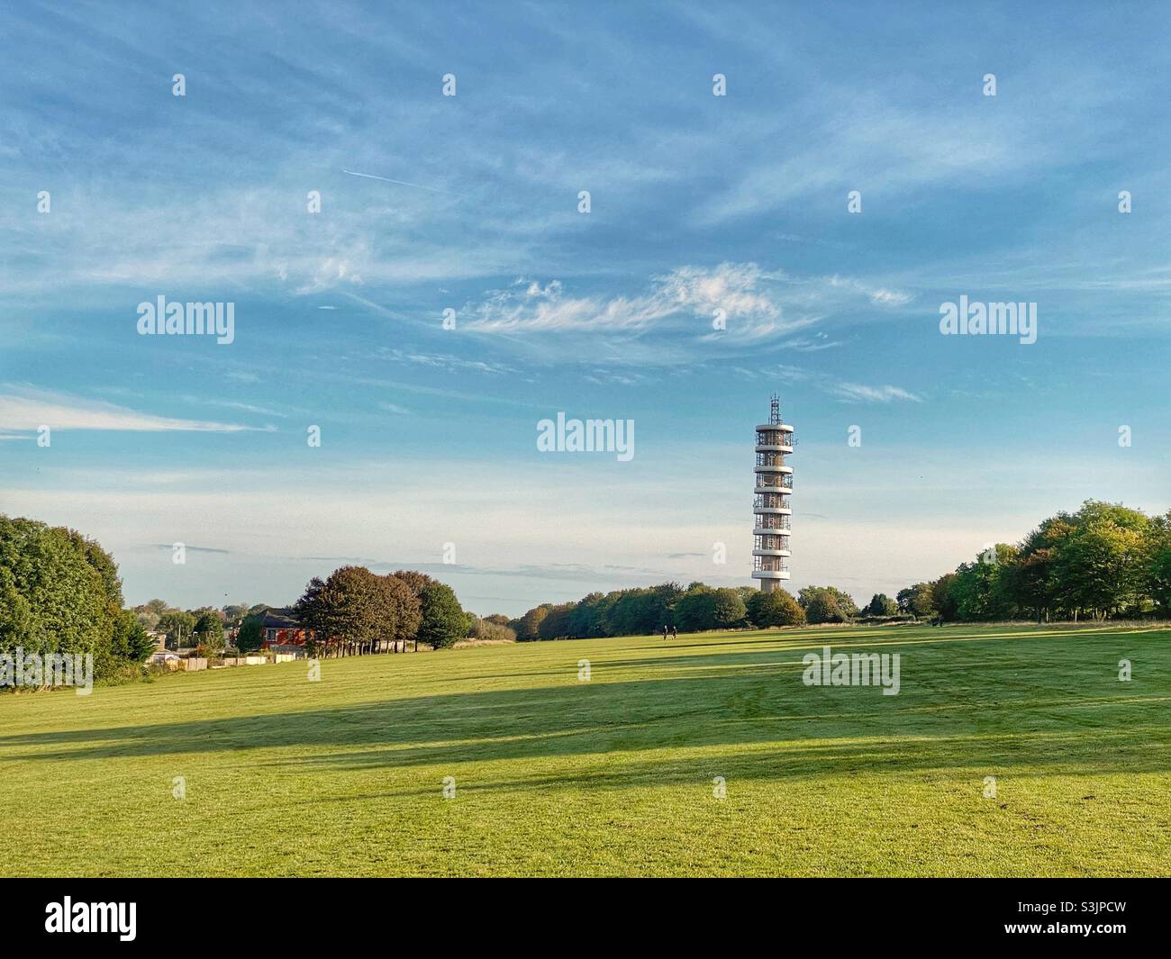 View across Purdown, Stoke Park Estate, with iconic BT tower on the horizon, Bristol, Avon, Somerset, UK, Tuesday 12th October 2021 - Smartphone Captured Stock Image