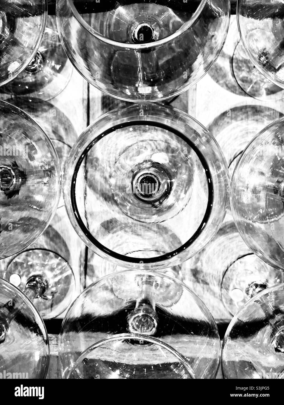 Black and white view of wine glasses from above - Smartphone Captured Stock Image