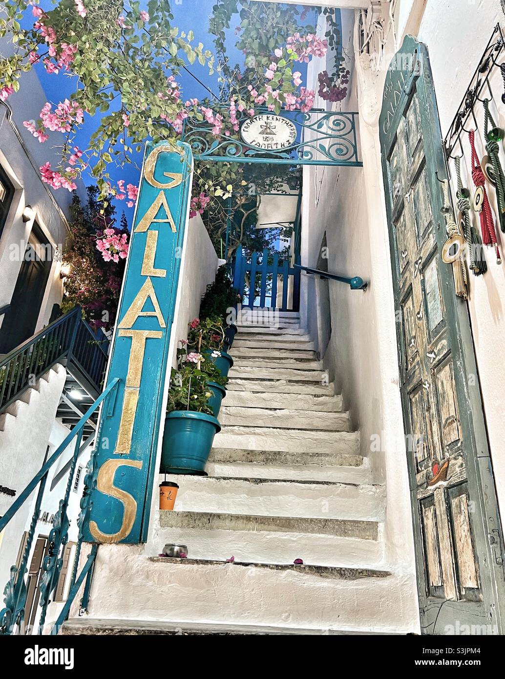 Steps in shopping area in Mykonos Town in Greece Stock Photo