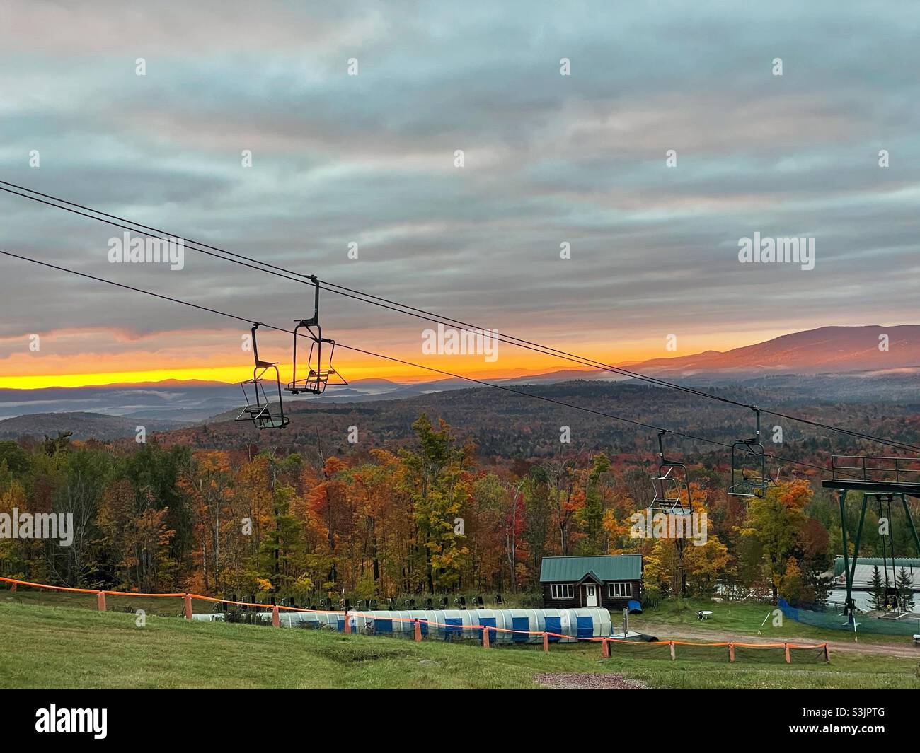 Bromley mountain ski resort at sunrise in the autumn. Stock Photo