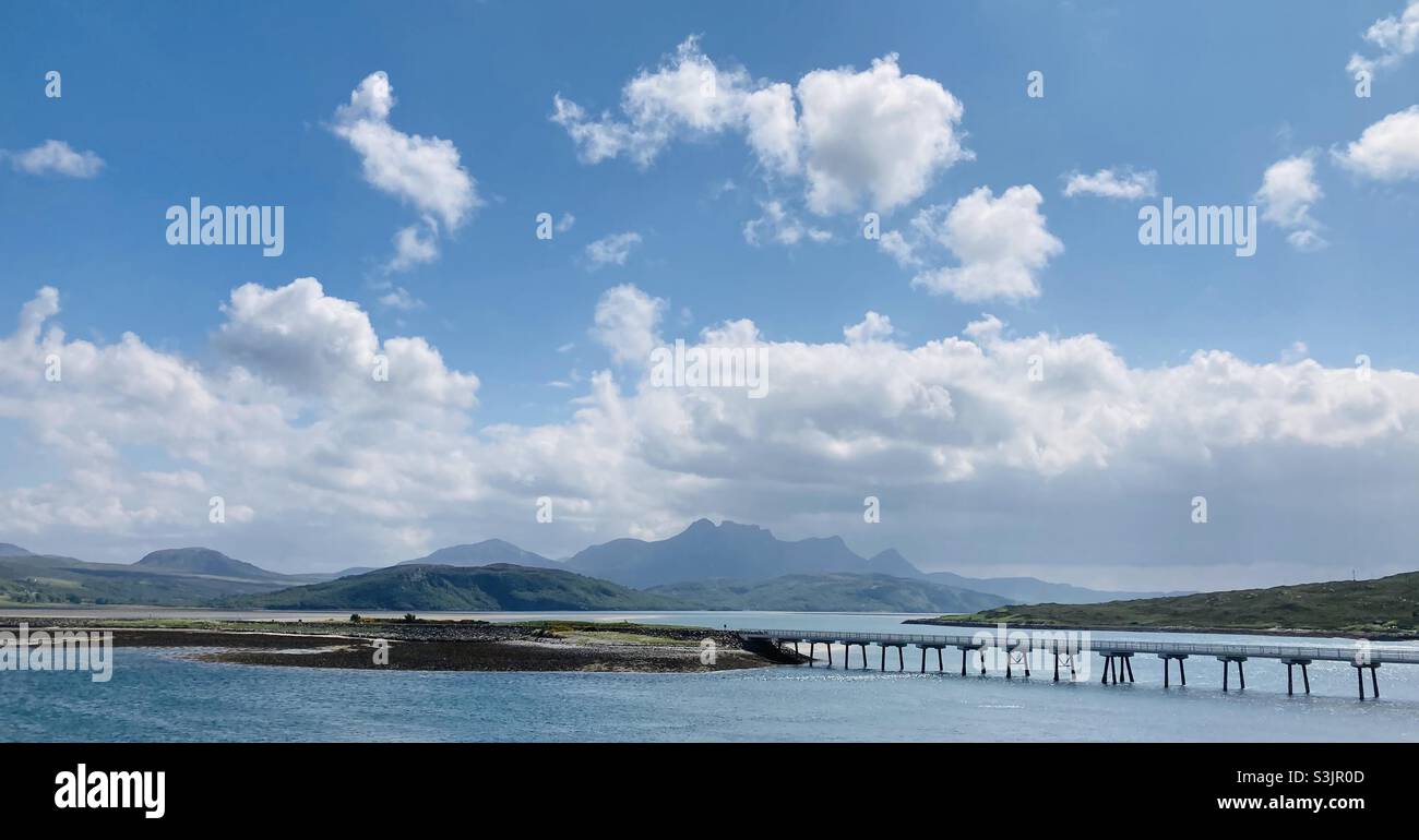 The Kyle of Tongue and the causeway with Ben Loyal in the background. North Coast 500, Scotland. Stock Photo