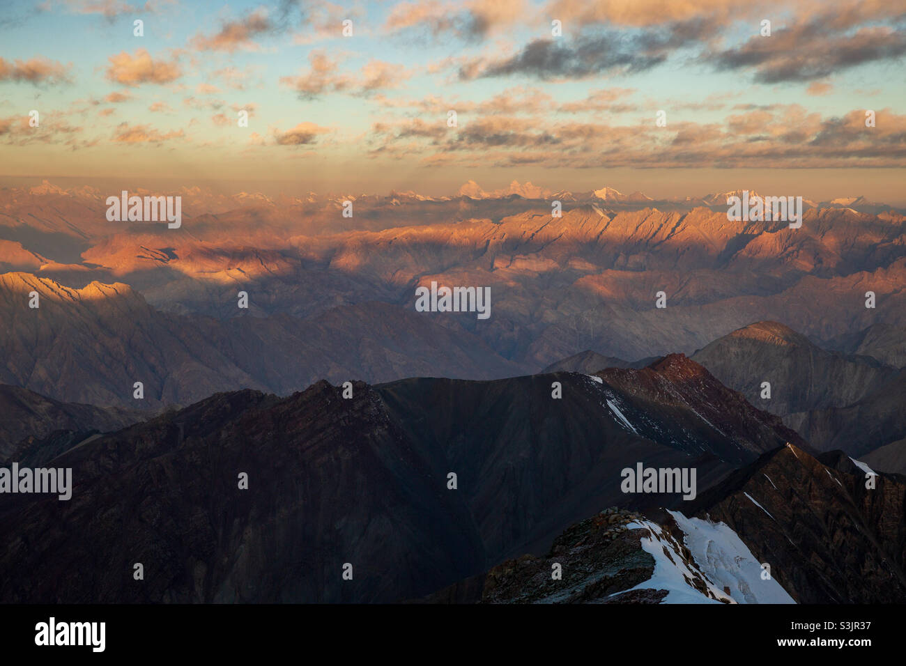 View of Karakoram mountain range from the top of the Stok Kangri peak in Ladakh, India - Smartphone Captured Stock Image