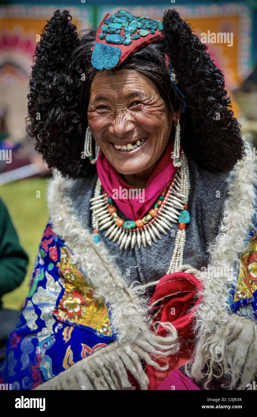 A portrait of a Ladakhi woman in a festival in Ladakh, India - Smartphone Captured Stock Image