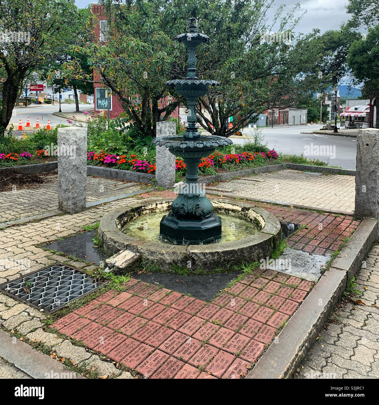 August, 2021, Fountain, Opera House Square, Claremont, Sullivan County, New Hampshire, United States - Smartphone Captured Stock Image