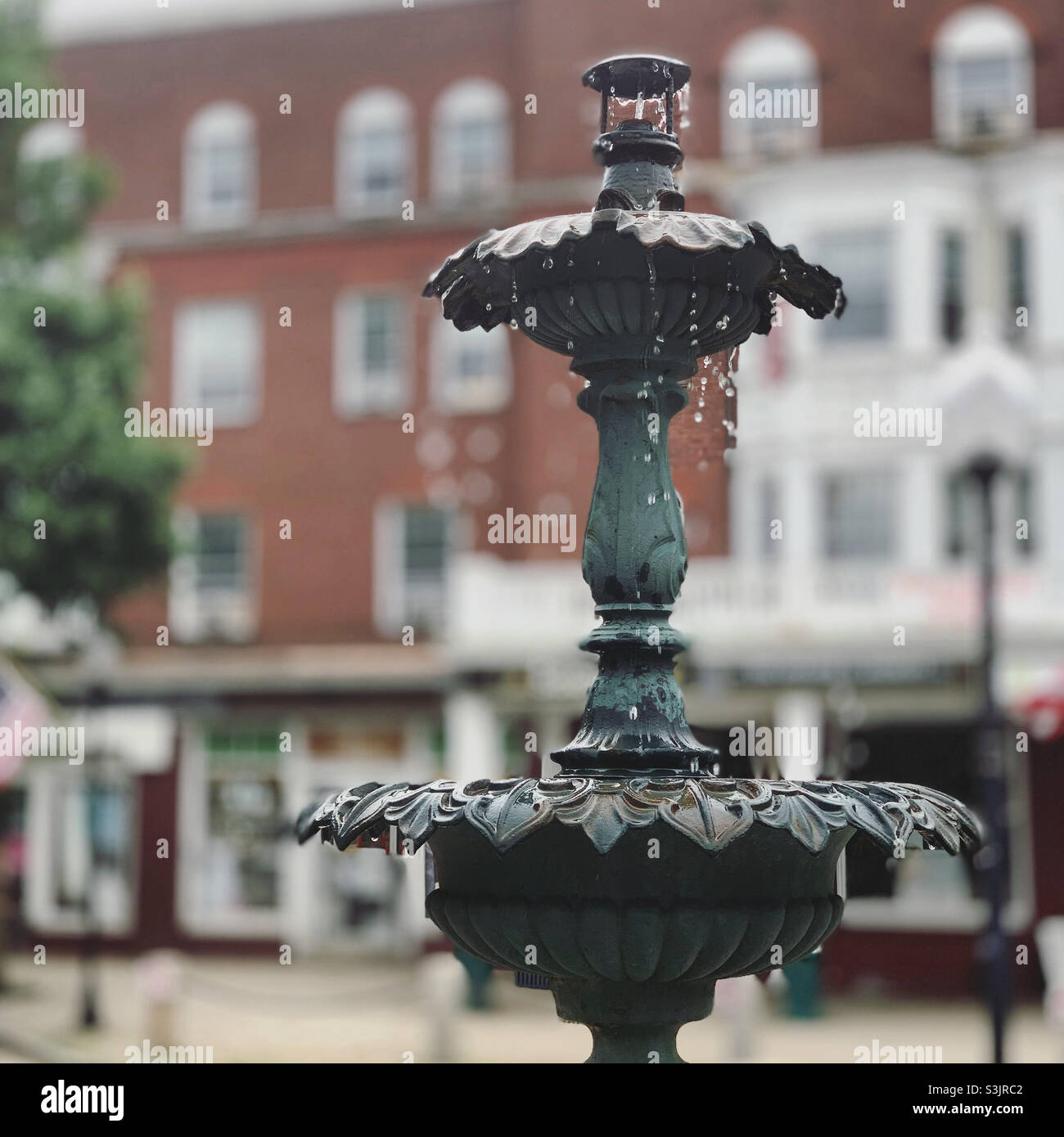 August, 2021, Fountain, Opera House Square, Claremont, Sullivan County, New Hampshire, United States - Smartphone Captured Stock Image
