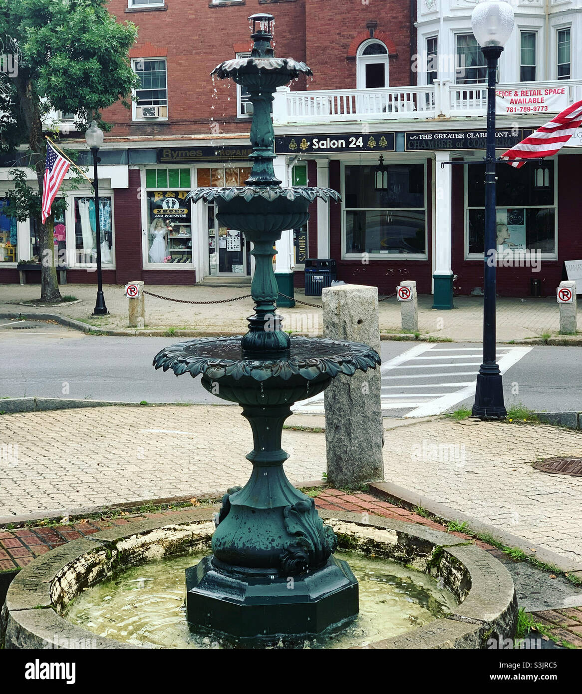 August, 2021, Fountain, Opera House Square, Claremont, Sullivan County, New Hampshire, United States - Smartphone Captured Stock Image
