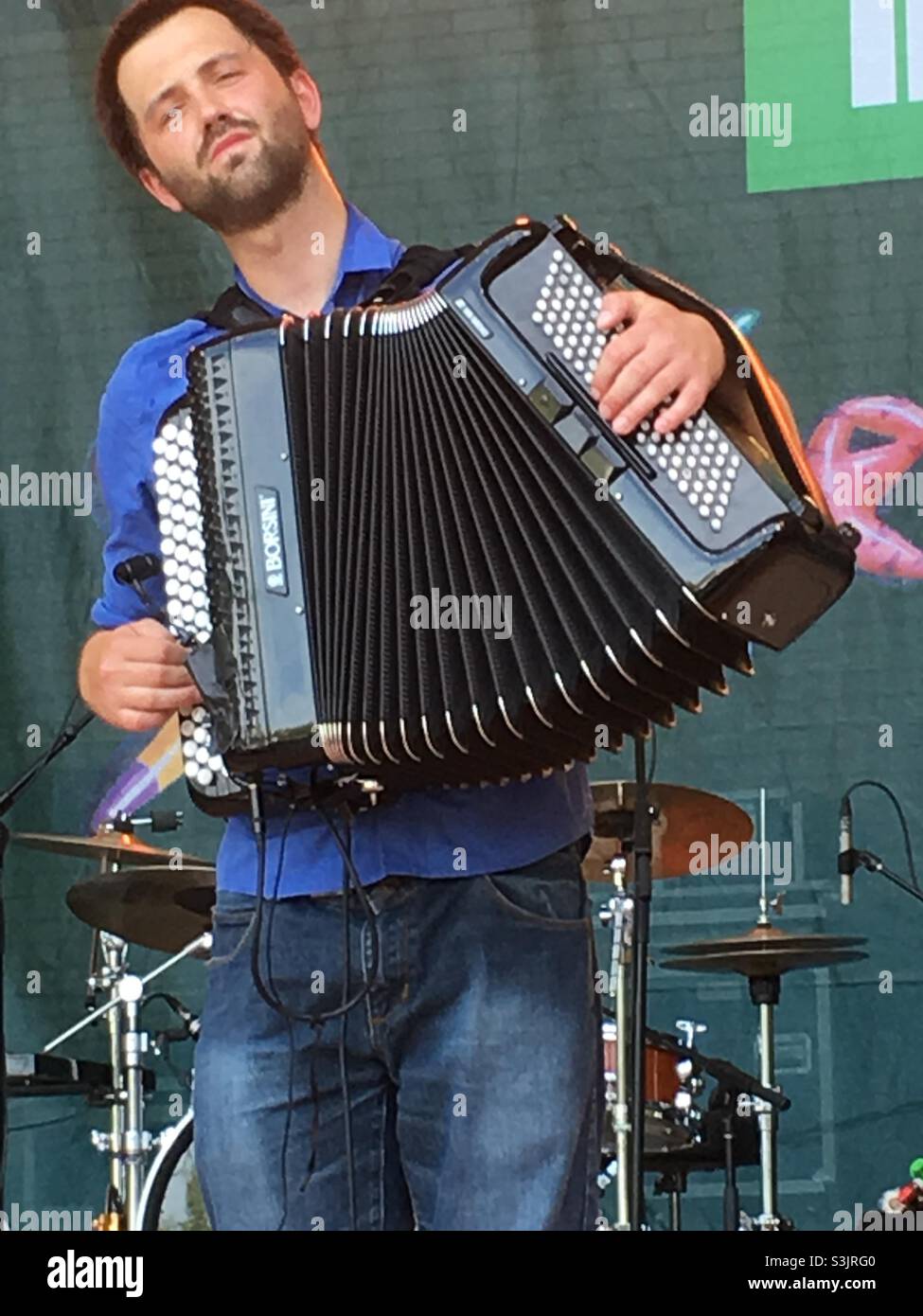 Accordion  player concentrating on music at Canadian festival Stock Photo